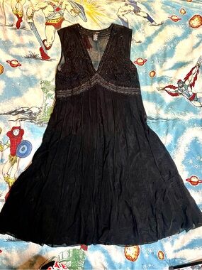 Vintage Goth Cottage Fairycore Black Beaded V-Neck Sleeveless Pleated Dress s14